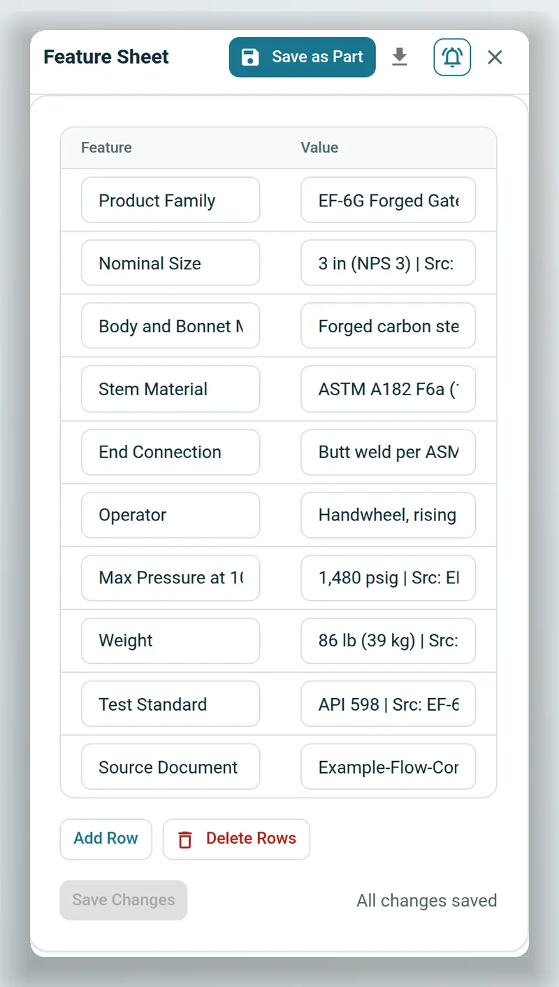 The Feature Sheet panel with the same values, Add Row and Delete Rows buttons, and Save as Part.